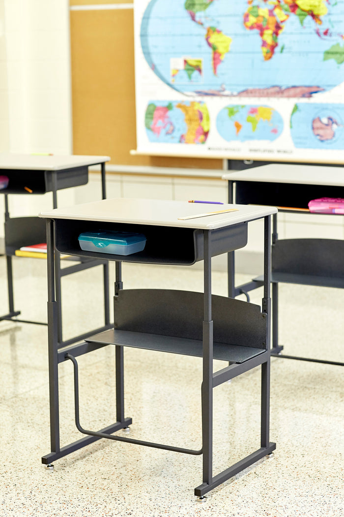 AlphaBetter® Adjustable-Height Stand-Up Desk, 28 x 20" Standard Top, Book Box and Swinging Footrest Bar | 1202BE