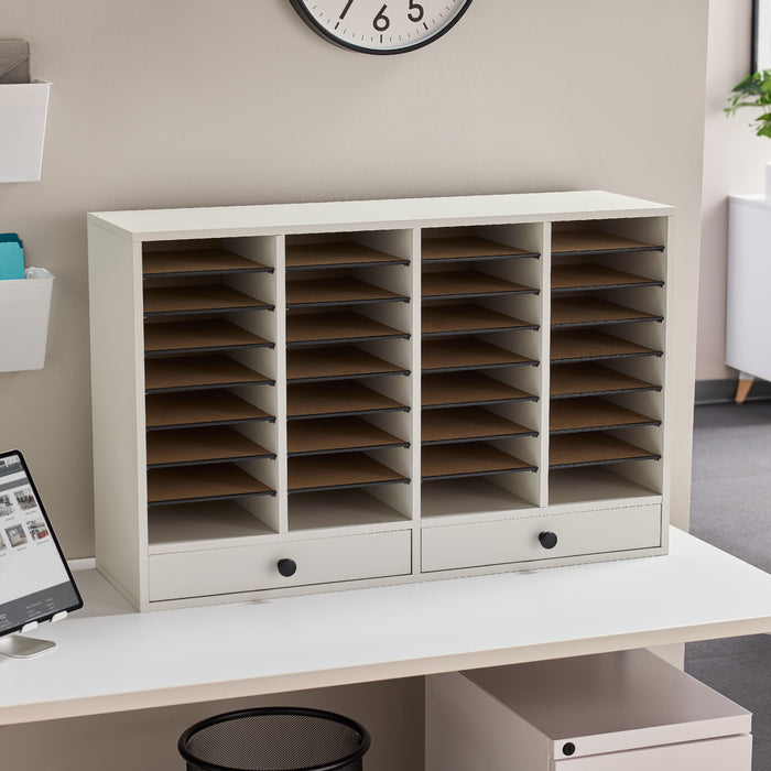 Wood Adjustable Literature Organizer, 32 Compartment w. Drawer | 9494