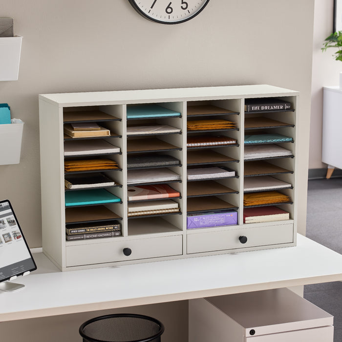 Wood Adjustable Literature Organizer, 32 Compartment w. Drawer | 9494