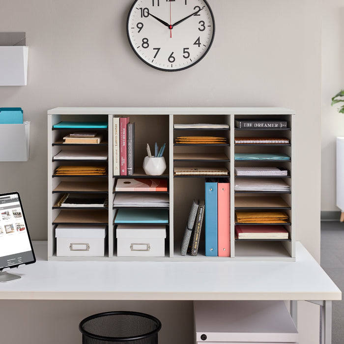 Wood Adjustable Literature Organizer, 32 Compartment w. Drawer | 9494