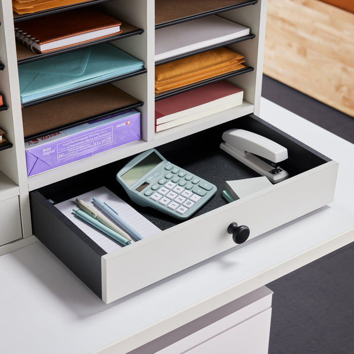 Wood Adjustable Literature Organizer, 32 Compartment w. Drawer | 9494