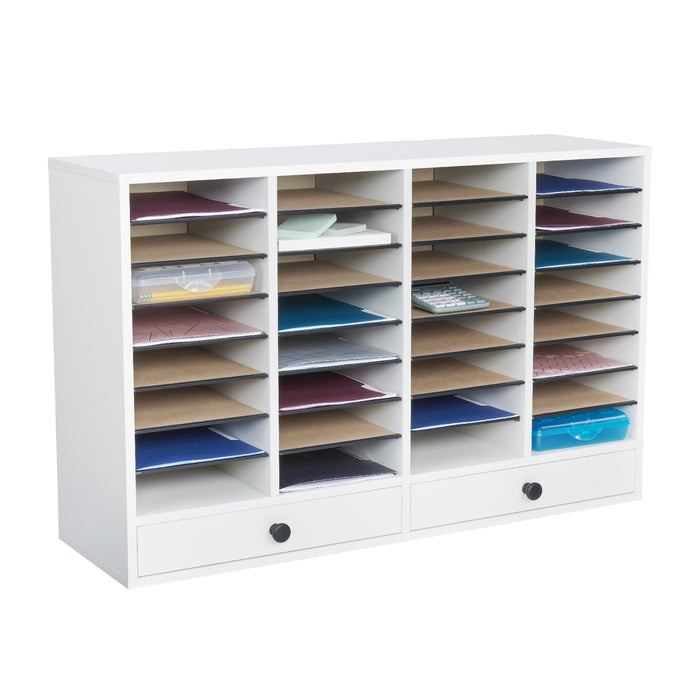 Wood Adjustable Literature Organizer, 32 Compartment w. Drawer | 9494