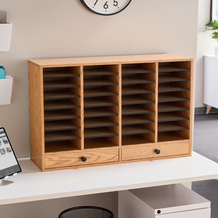 Wood Adjustable Literature Organizer, 32 Compartment w. Drawer | 9494