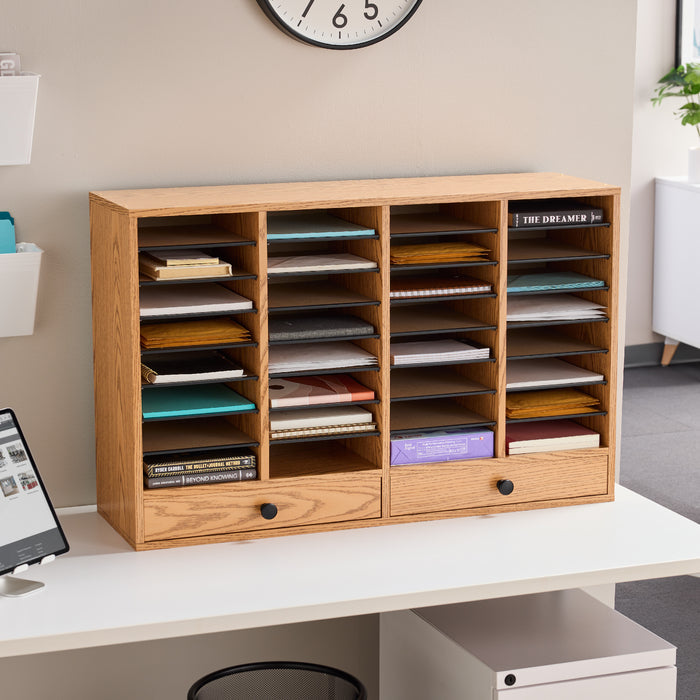 Wood Adjustable Literature Organizer, 32 Compartment w. Drawer | 9494