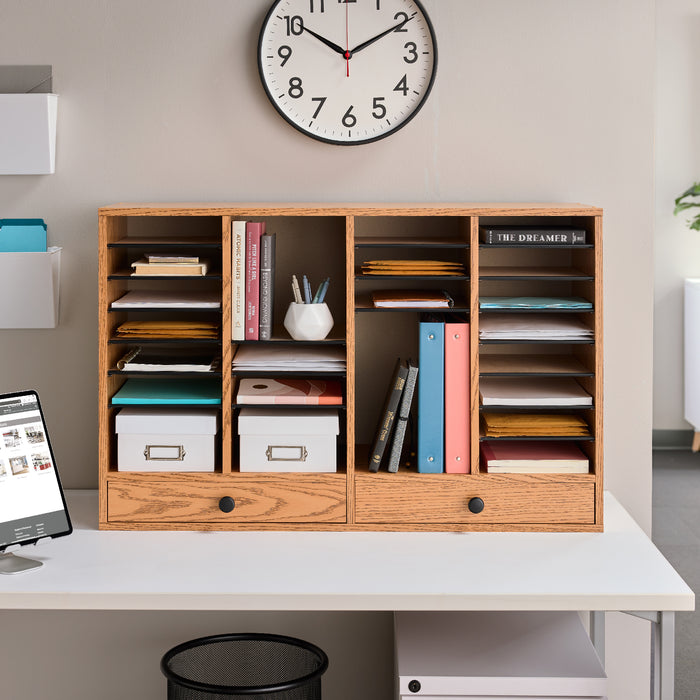 Wood Adjustable Literature Organizer, 32 Compartment w. Drawer | 9494