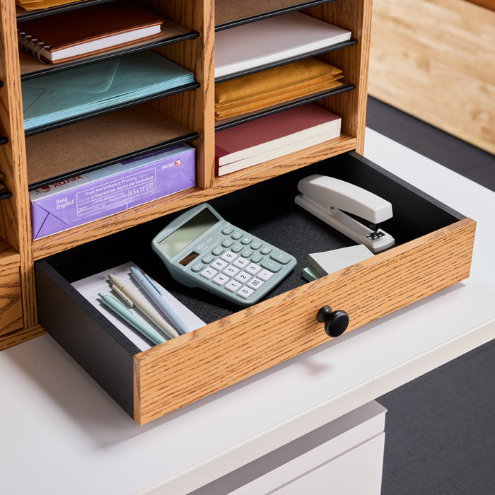Wood Adjustable Literature Organizer, 32 Compartment w. Drawer | 9494