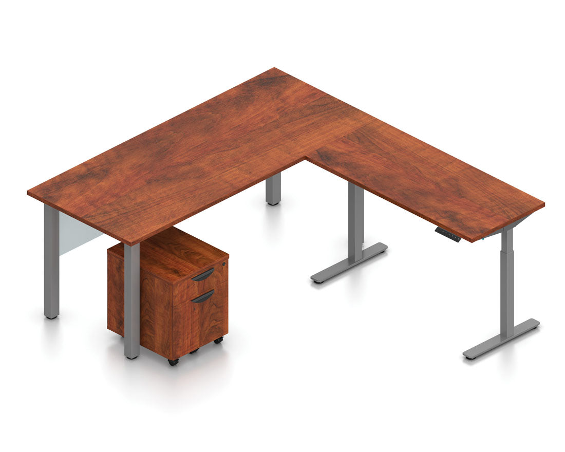 71" x 24" Desk with Adjustable Base, Mobile Pedestal, and Acrylic Panel | Layout SL-4