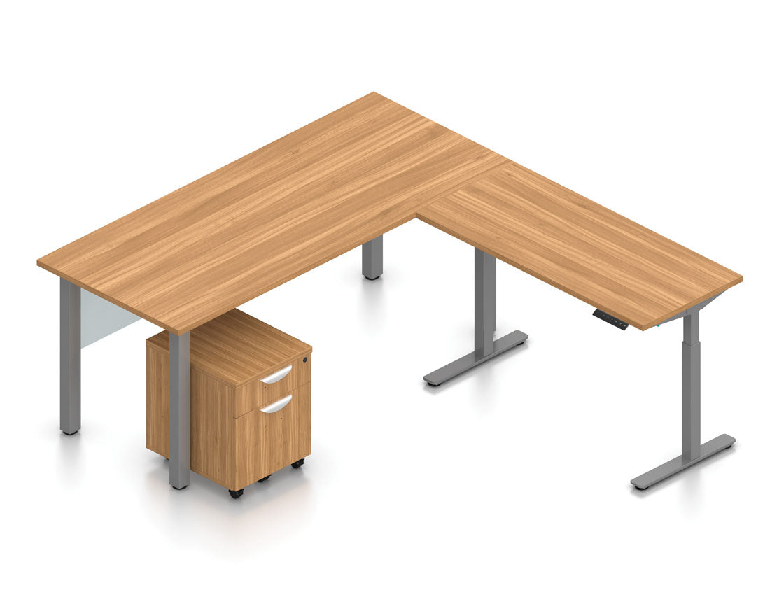 71" x 24" Desk with Adjustable Base, Mobile Pedestal, and Acrylic Panel | Layout SL-4