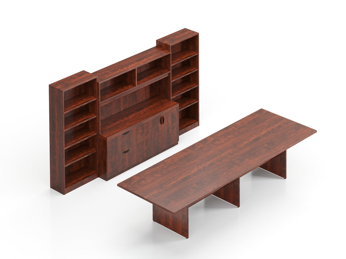 144" Conference Table with Storage Cabinet, Hutch, and Bookcases | Layout SL-11
