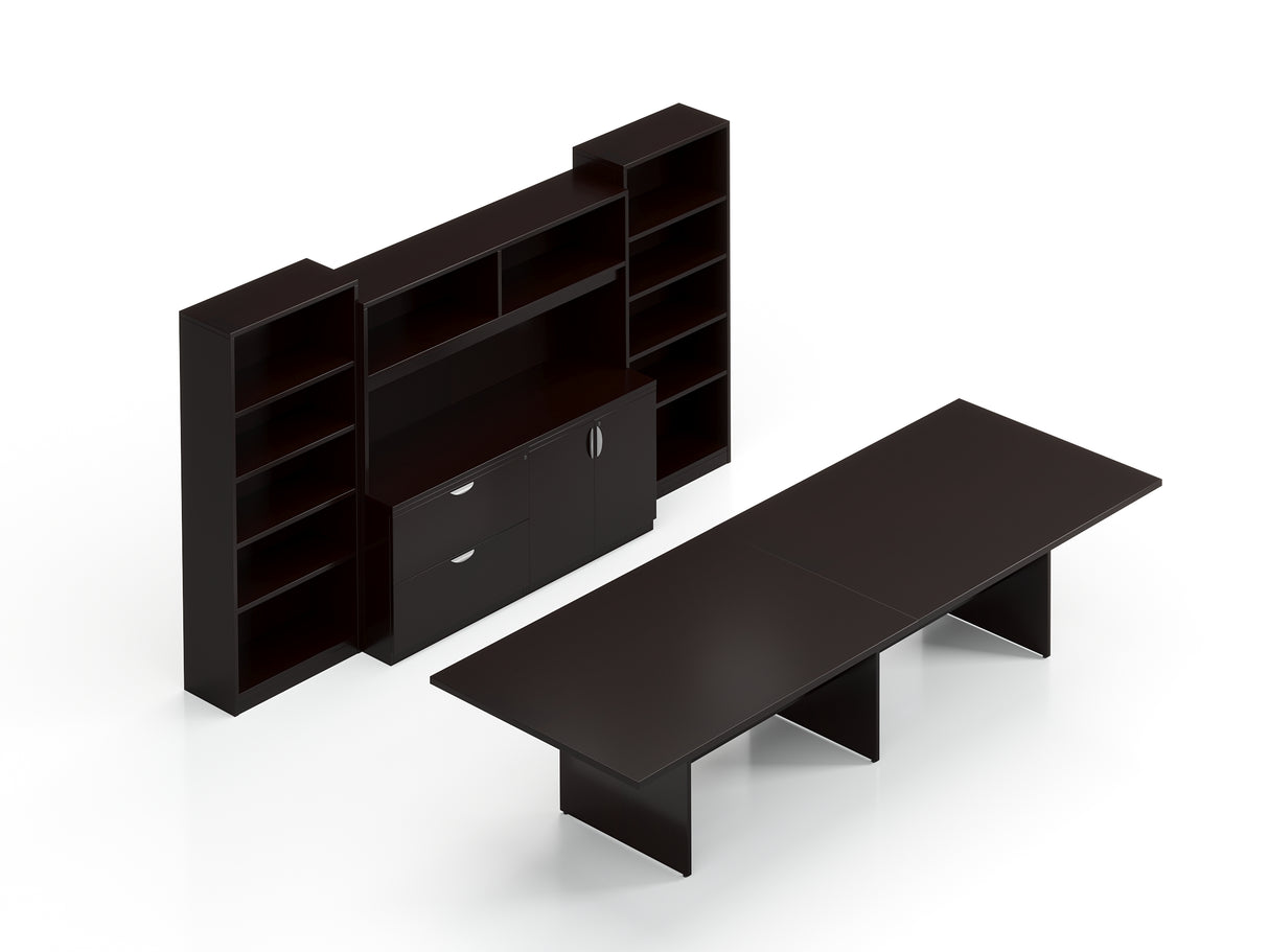 144" Conference Table with Storage Cabinet, Hutch, and Bookcases | Layout SL-11