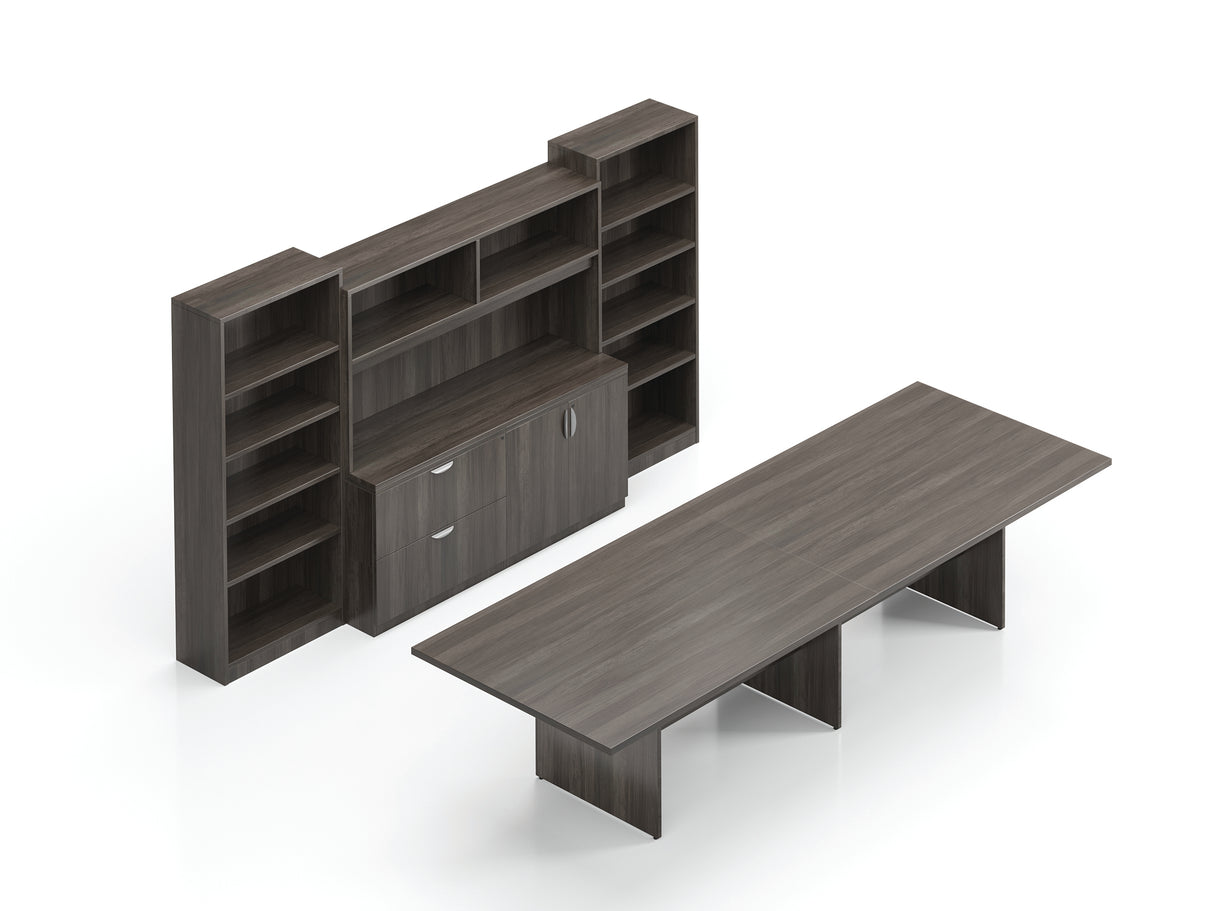 144" Conference Table with Storage Cabinet, Hutch, and Bookcases | Layout SL-11