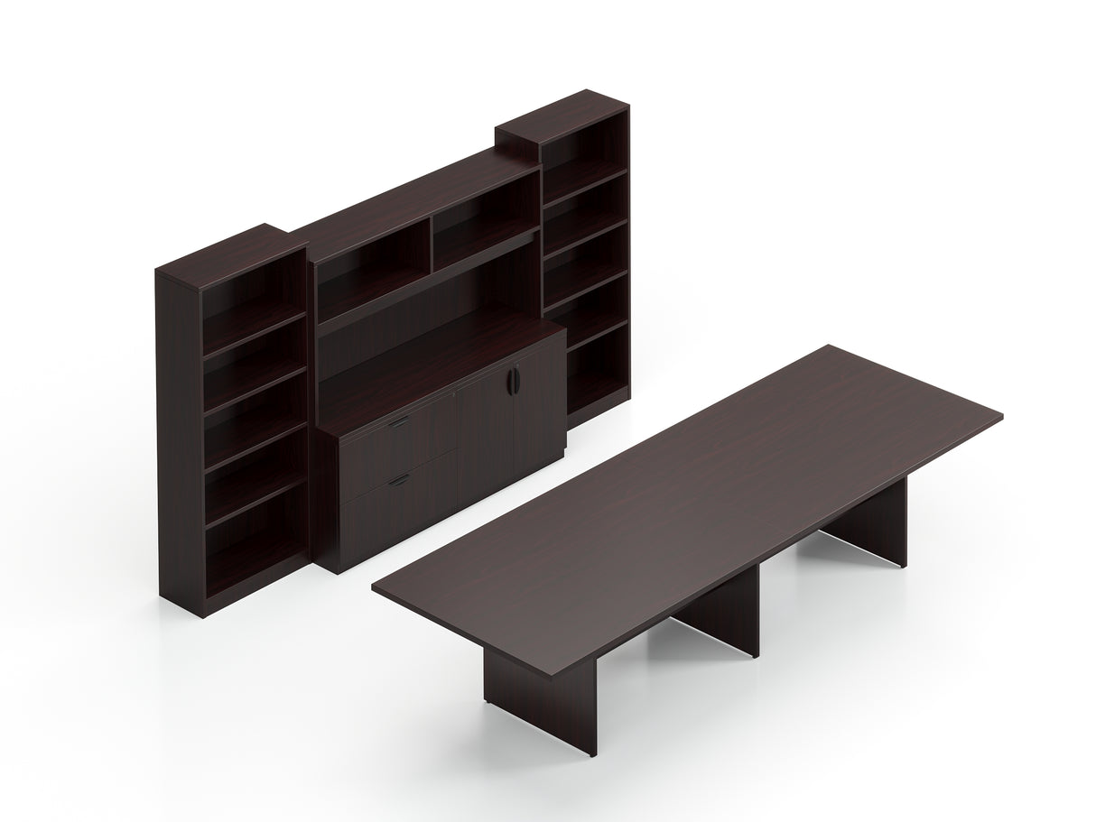 144" Conference Table with Storage Cabinet, Hutch, and Bookcases | Layout SL-11