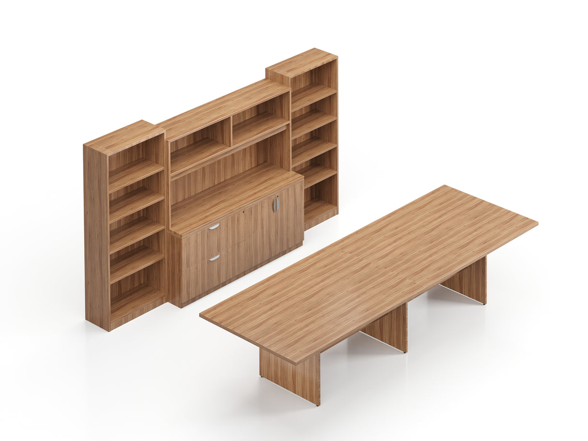 144" Conference Table with Storage Cabinet, Hutch, and Bookcases | Layout SL-11