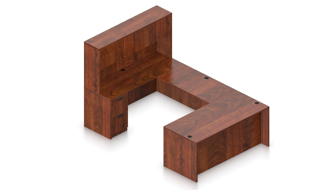 71" L-Shape Desk with Flush Bridge, Hutch, and Laminate Doors | Layout SL-15