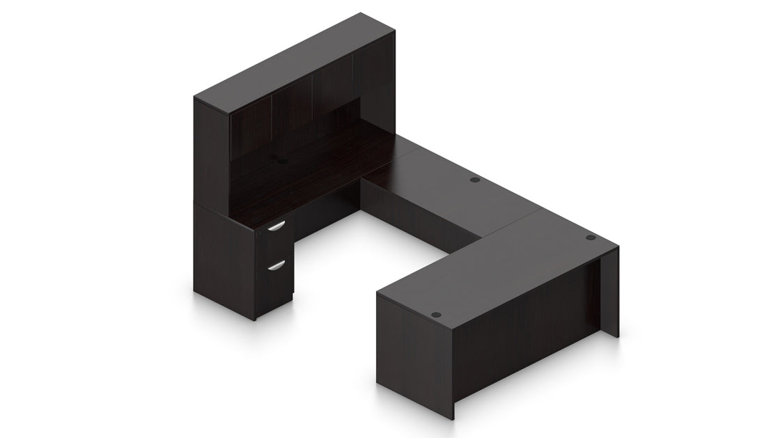 71" L-Shape Desk with Flush Bridge, Hutch, and Laminate Doors | Layout SL-15