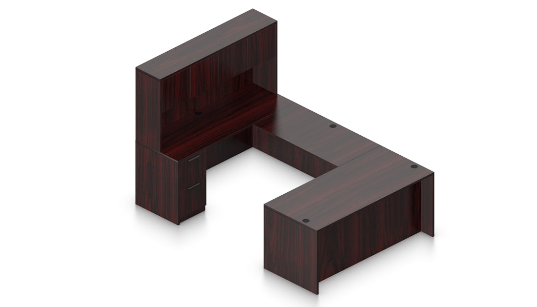 71" L-Shape Desk with Flush Bridge, Hutch, and Laminate Doors | Layout SL-15