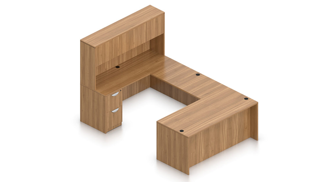 71" L-Shape Desk with Flush Bridge, Hutch, and Laminate Doors | Layout SL-15