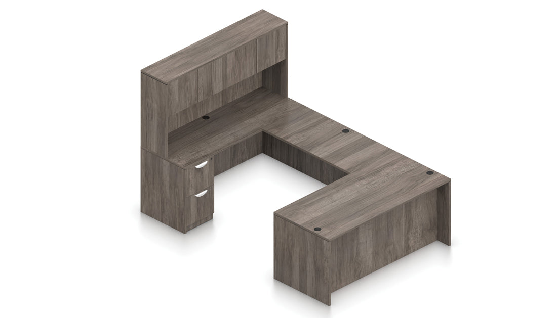 71" L-Shape Desk with Flush Bridge, Hutch, and Laminate Doors | Layout SL-15