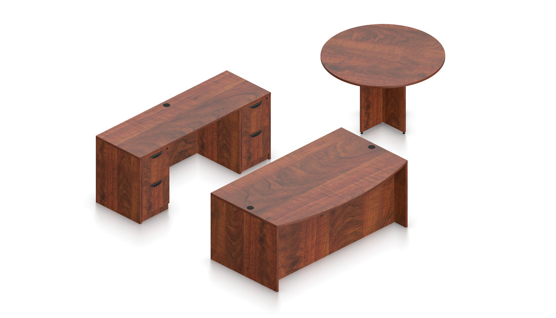 71" Desk with Round Meeting Table, Credenza, and Pedestals | Layout SL-20