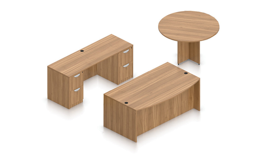 71" Desk with Round Meeting Table, Credenza, and Pedestals | Layout SL-20