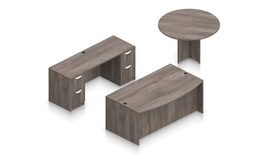 71" Desk with Round Meeting Table, Credenza, and Pedestals | Layout SL-20