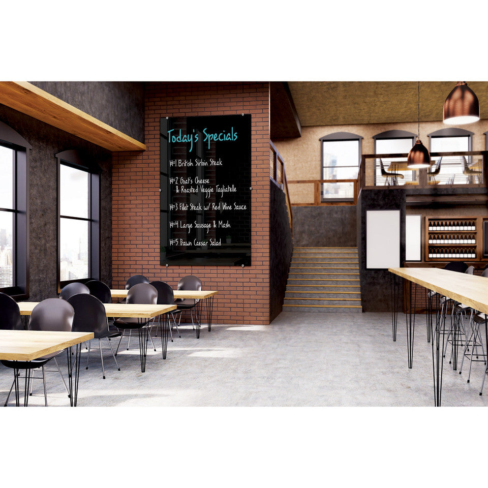 OS Visionary Black Magnetic Glass Dry Erase Board - 72"W x 48"H