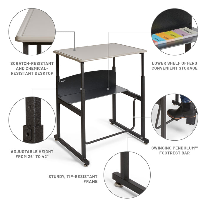 AlphaBetter® Adjustable-Height Stand-Up Desk, 28 x 20" Standard Top and Swinging Footrest Bar | 1201BE