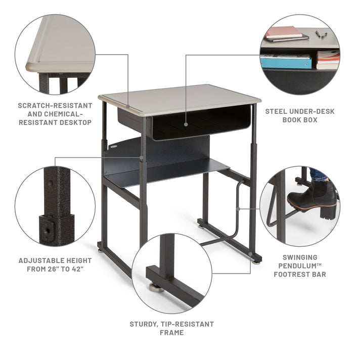 AlphaBetter® Adjustable-Height Stand-Up Desk, 28 x 20" Standard Top, Book Box and Swinging Footrest Bar | 1202BE