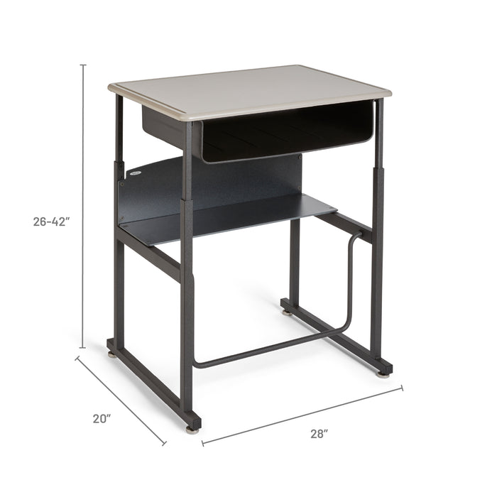 AlphaBetter® Adjustable-Height Stand-Up Desk, 28 x 20" Standard Top, Book Box and Swinging Footrest Bar | 1202BE