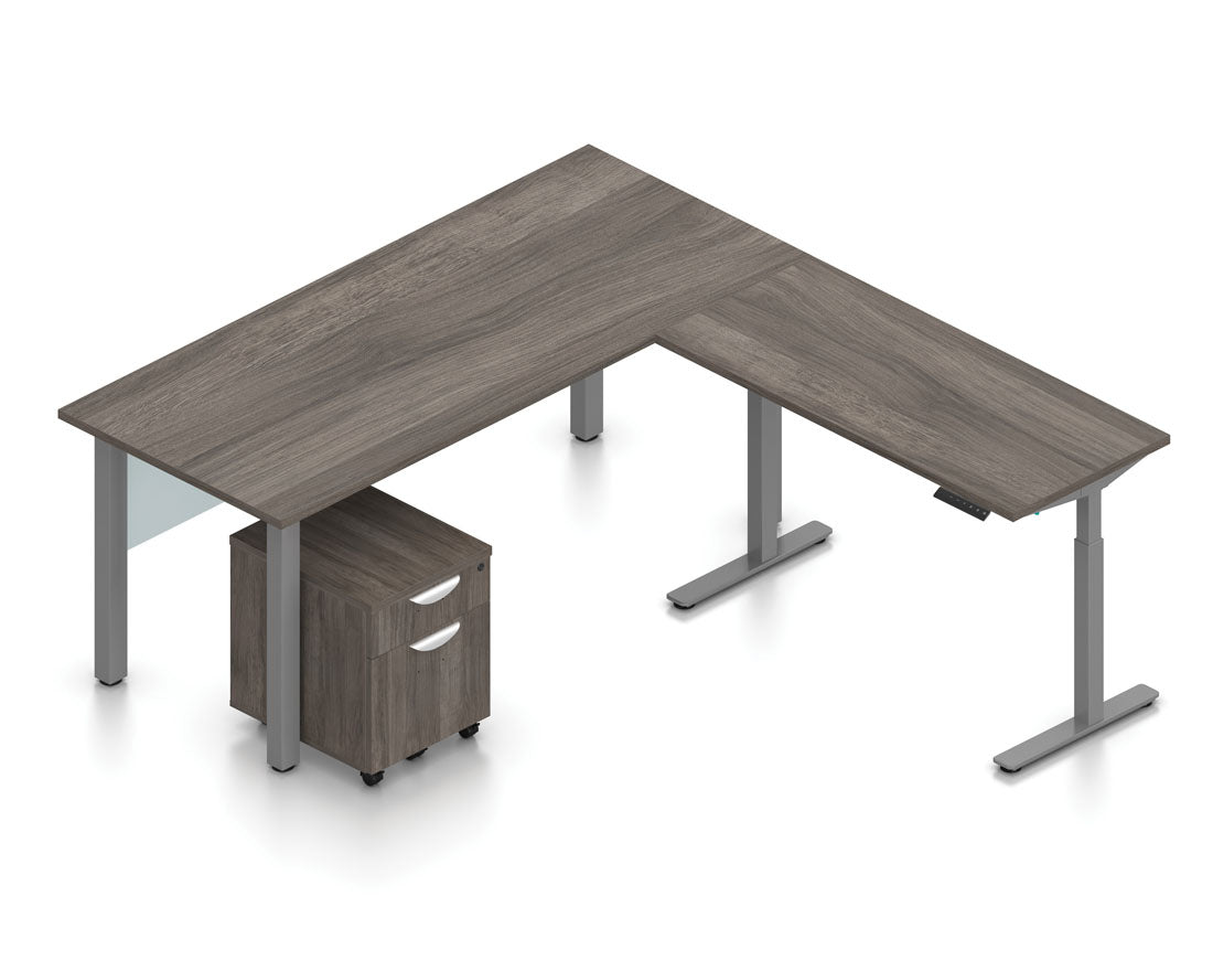 71" x 24" Desk with Adjustable Base, Mobile Pedestal, and Acrylic Panel | Layout SL-4
