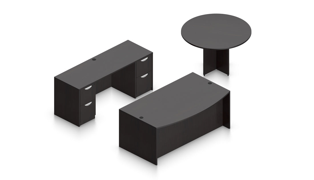 71" Desk with Round Meeting Table, Credenza, and Pedestals | Layout SL-20